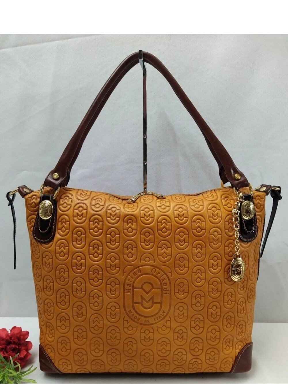Marino Orlandi Mustard Leather Logo Embossed Top Handle Satchel Shoulder Bag
